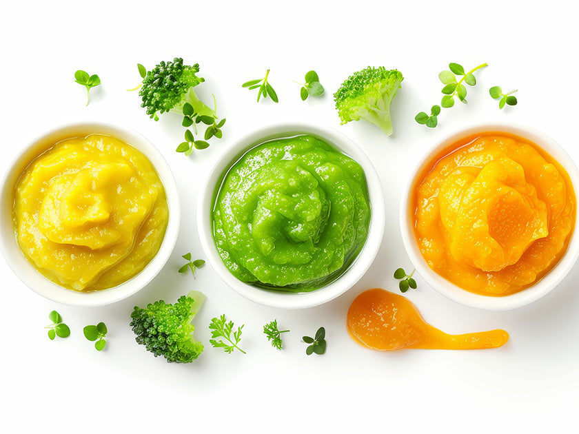 Trois petits bols remplis de purées colorées (jaune, verte et orange), accompagnés de légumes frais tels que brocoli, carottes et herbes, disposés sur un fond blanc.