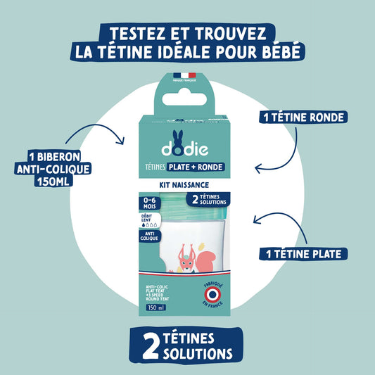 Dodie Biberon Kit Naissance Tétine Plate & Tétine Ronde Anti-Colique 150ml - Débit 1