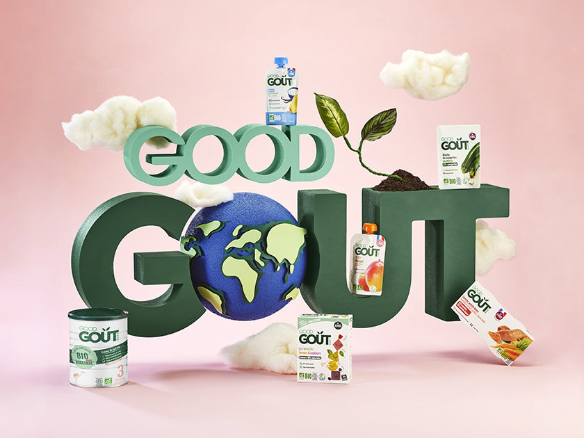 Visuel de la marque Good Goût avec la Terre au centre, entourée de ses produits sur fond rose.