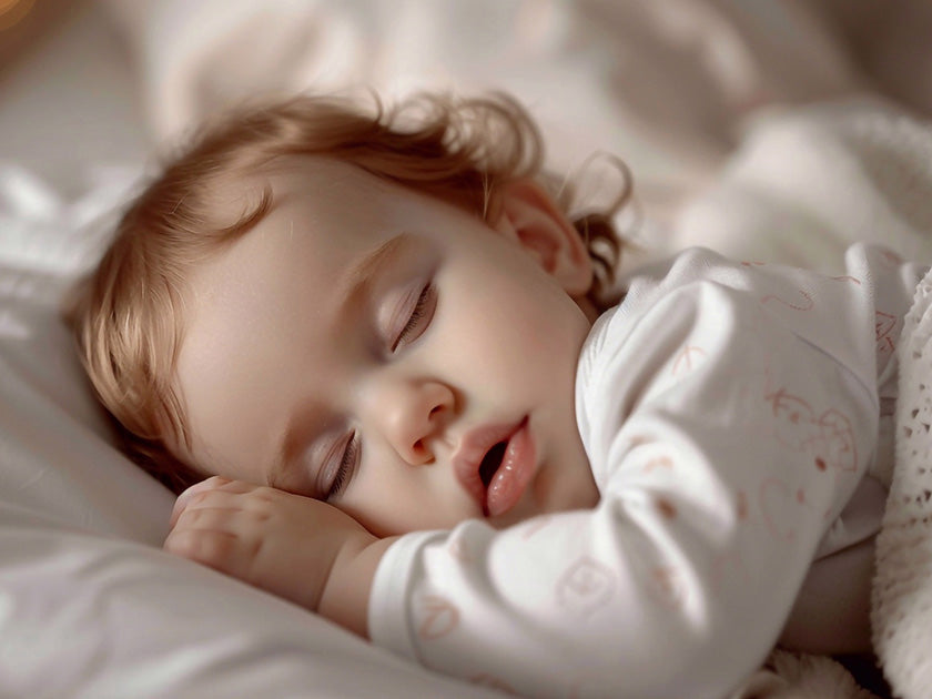 Bébé endormi paisiblement sur un lit, en pyjama blanc, la tête posée sur un oreiller.