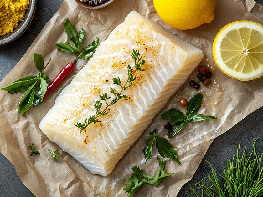 Filet de poisson blanc cru posé sur du papier cuisson, assaisonné avec des herbes fraîches, des grains de poivre, et accompagné de citron coupé en deux, piments rouges et feuilles de basilic