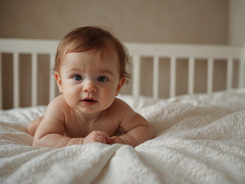 Bébé allongé sur le ventre dans un lit, regardant vers l’avant, sur une couverture blanche dans une chambre lumineuse.