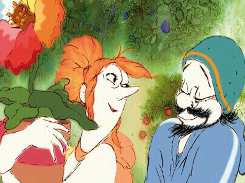 Dessin coloré d’un couple souriant : une femme rousse tenant un pot de fleurs rouges et un homme barbu portant un bonnet, tous deux entourés d’un décor végétal chaleureux.