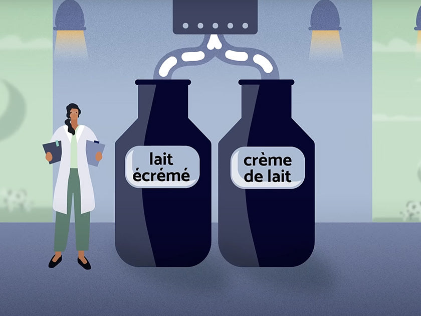 Illustration montrant une femme scientifique debout à côté de deux grands récipients étiquetés "lait écrémé" et "crème de lait"