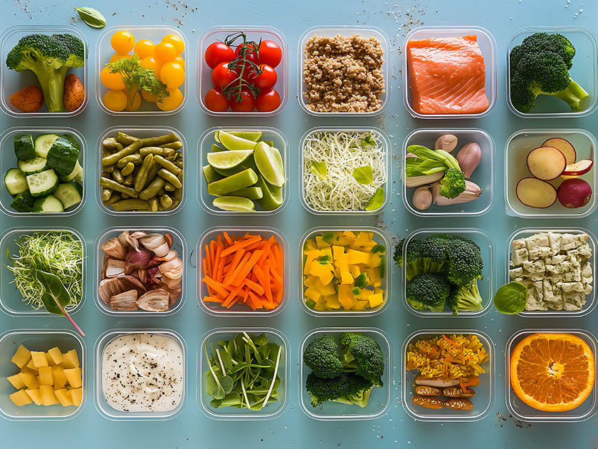 Vue de dessus de plusieurs boîtes transparentes alignées contenant une grande variété d’aliments frais : légumes, fruits, légumineuses, saumon, herbes et graines, disposés sur un fond bleu clair.