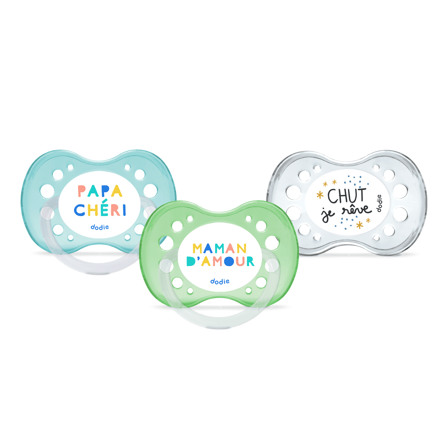 Dodie Lot de 3 sucettes anatomiques Jour/Nuit ESSENTIEL +18 mois VERT