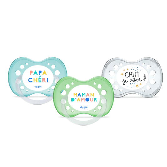 Dodie Lot de 3 sucettes anatomiques Jour/Nuit ESSENTIEL +18 mois VERT
