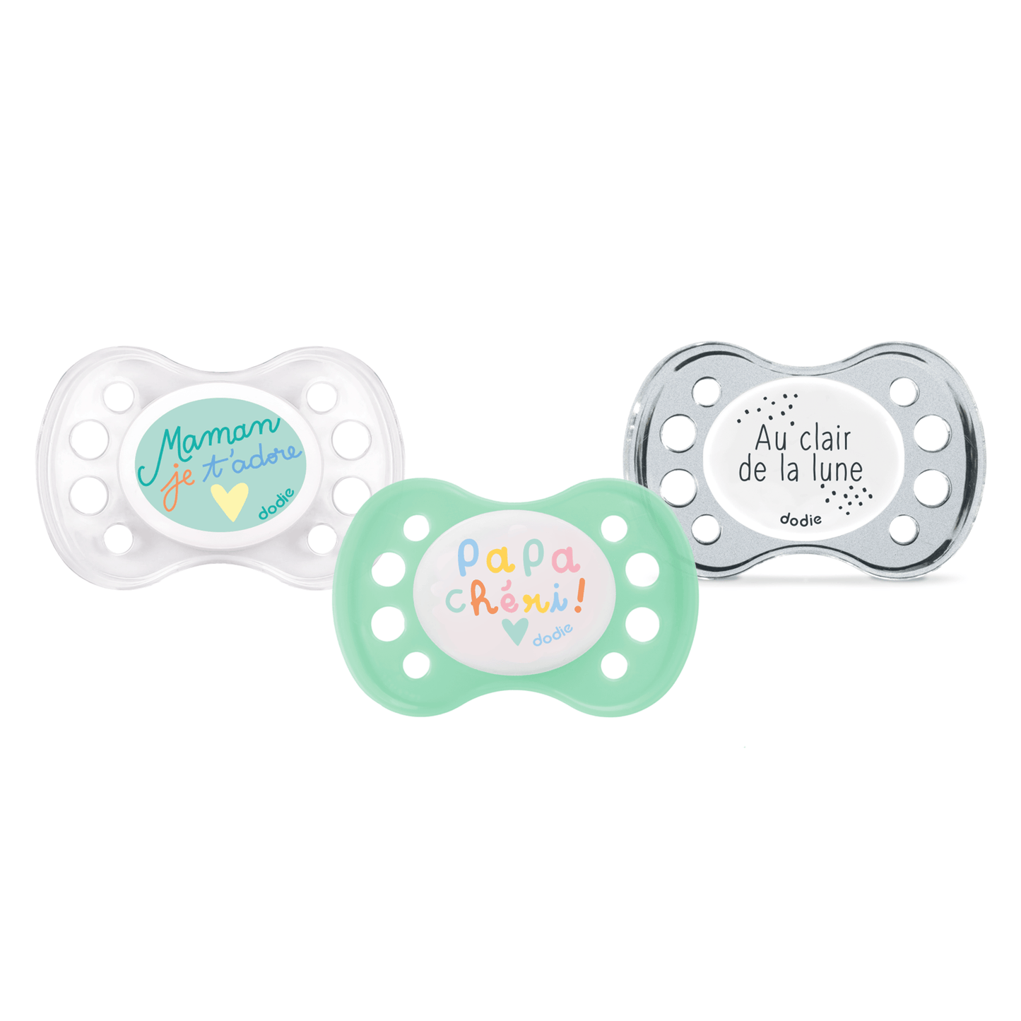 Dodie Lot de 3 sucettes anatomiques Jour/Nuit ESSENTIEL 0-6 mois VERT