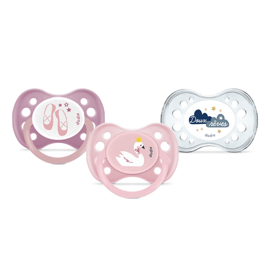 Dodie Lot de 3 sucettes anatomiques Jour/Nuit ESSENTIEL +6 mois ROSE